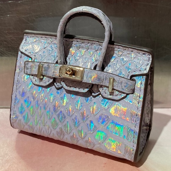 🐍 👜 Handmade Genuine Leather Mini Holographic Lilac Snakeskin Birkin Bag Charm - Picture 8 of 12
